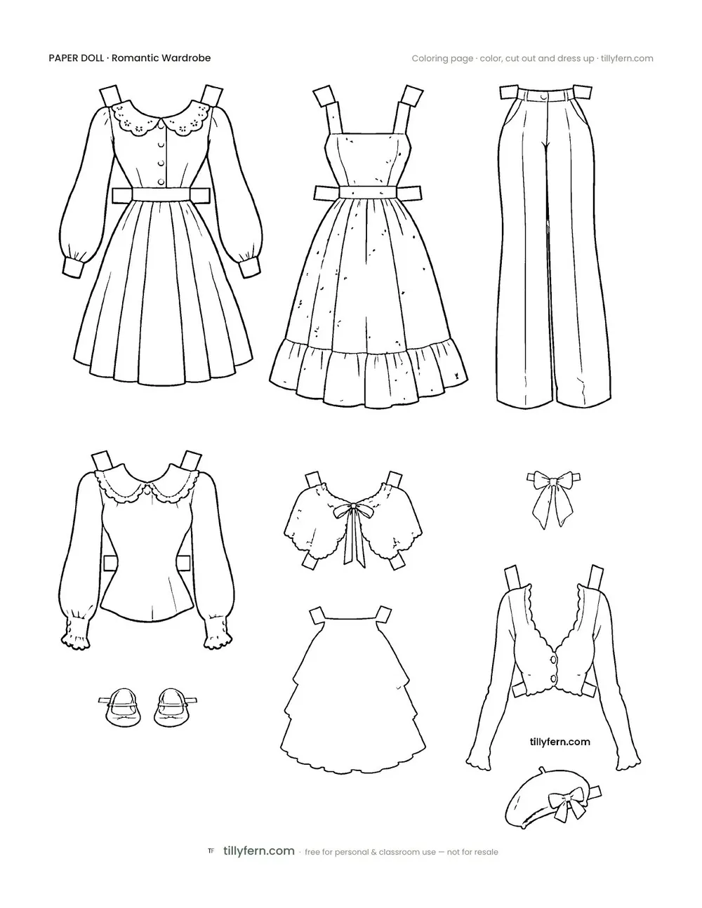 Romantic Wardrobe — More Outfits — free printable paper doll coloring page