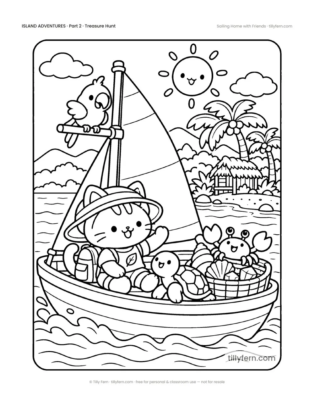 Sailing Home with Friends — free beach and summer coloring page from Island Adventures