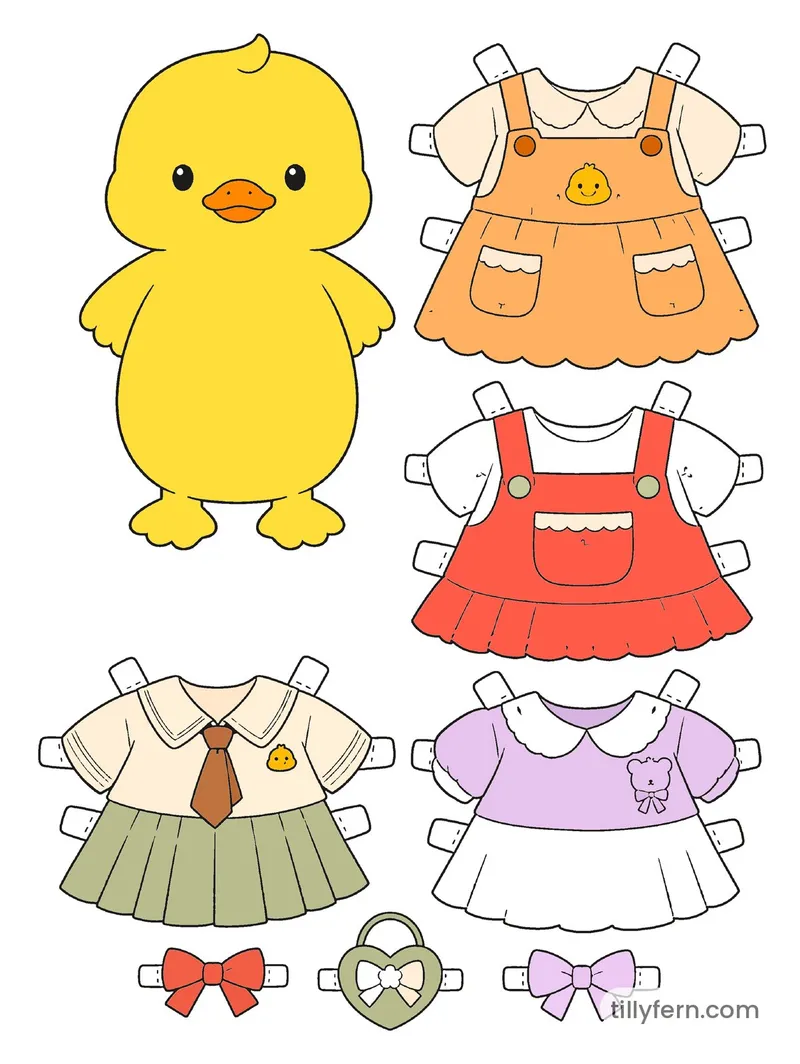 School & Play Wardrobe — Duck & Outfits — colored example of the coloring page in bright colors