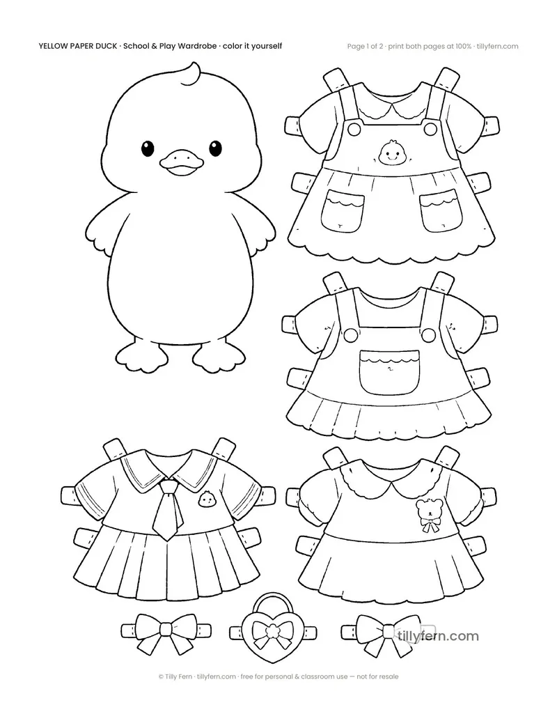 School & Play Wardrobe — black and white paper doll and clothes to color in