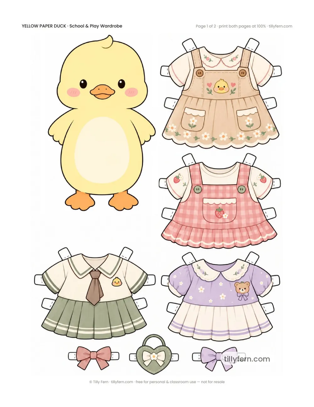 School & Play Wardrobe — free printable yellow paper duck paper doll with clothes, page 1 of 2
