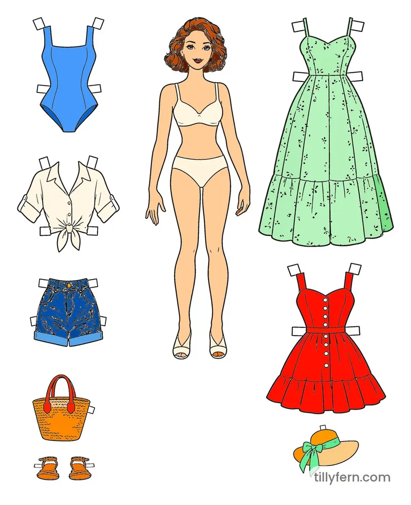 Seaside Wardrobe — Doll & Outfits — colored example of the coloring page in bright colors