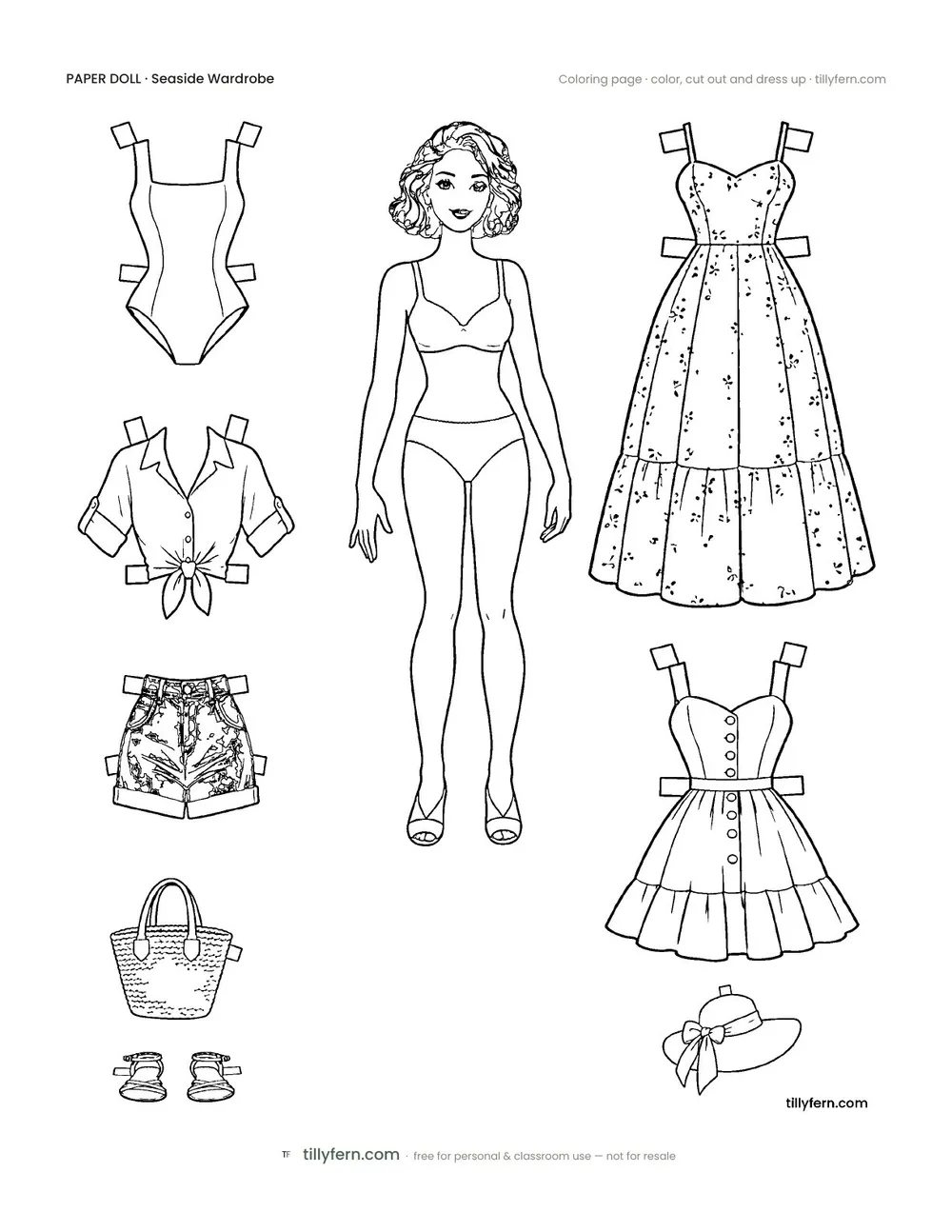 Seaside Wardrobe — Doll & Outfits — free printable paper doll coloring page
