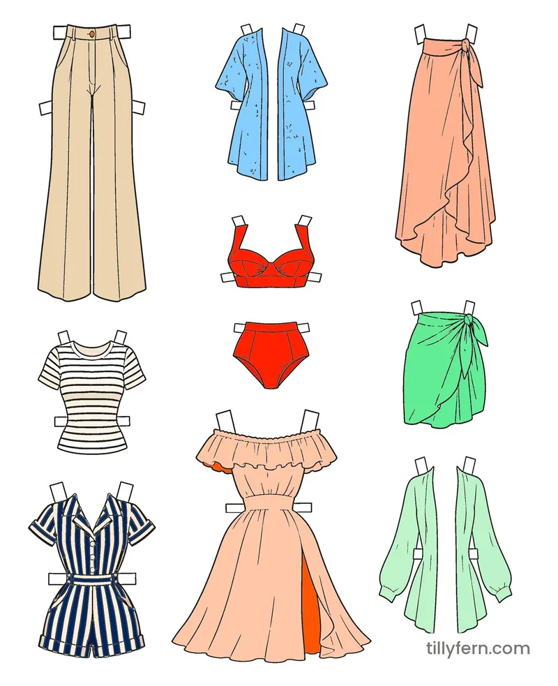 Seaside Wardrobe — More Outfits — colored example of the coloring page in bright colors