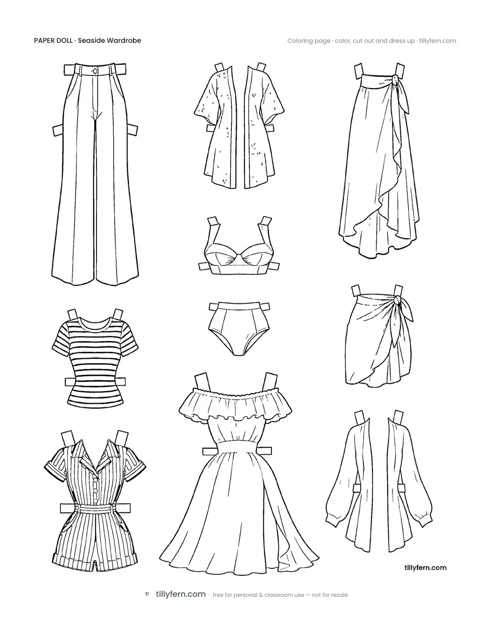 Seaside Wardrobe — More Outfits — free printable paper doll coloring page