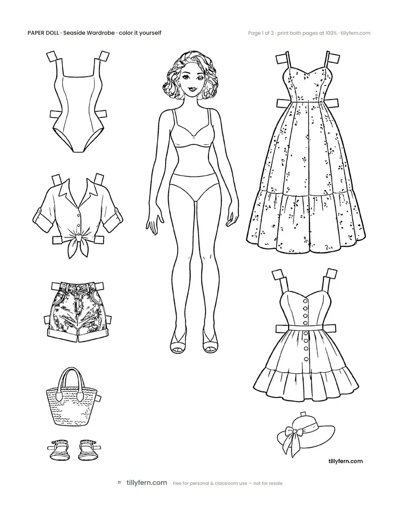 Seaside Wardrobe — black and white paper doll and clothes to color in