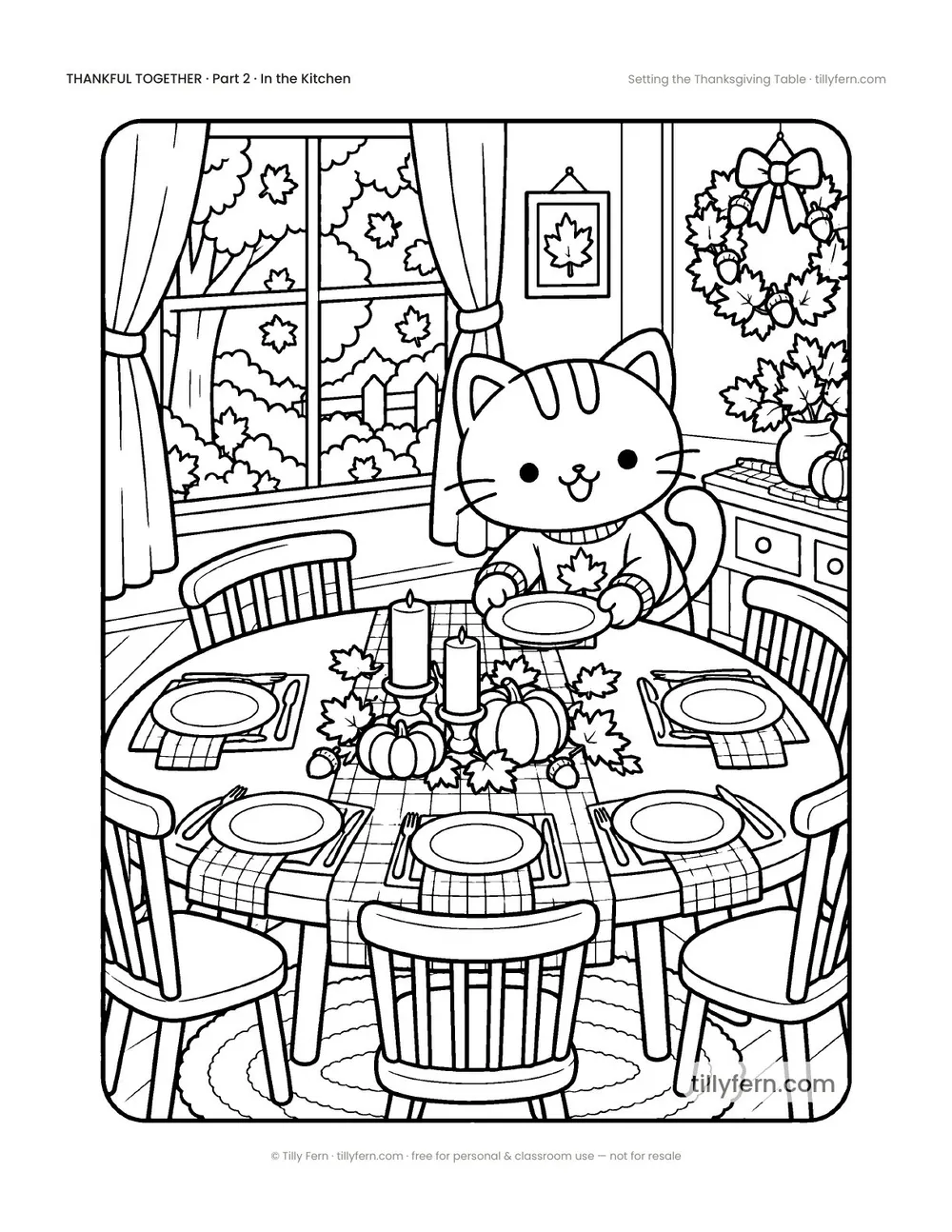Setting the Thanksgiving Table — free Thanksgiving coloring page with a cute kitty, from Thankful Together