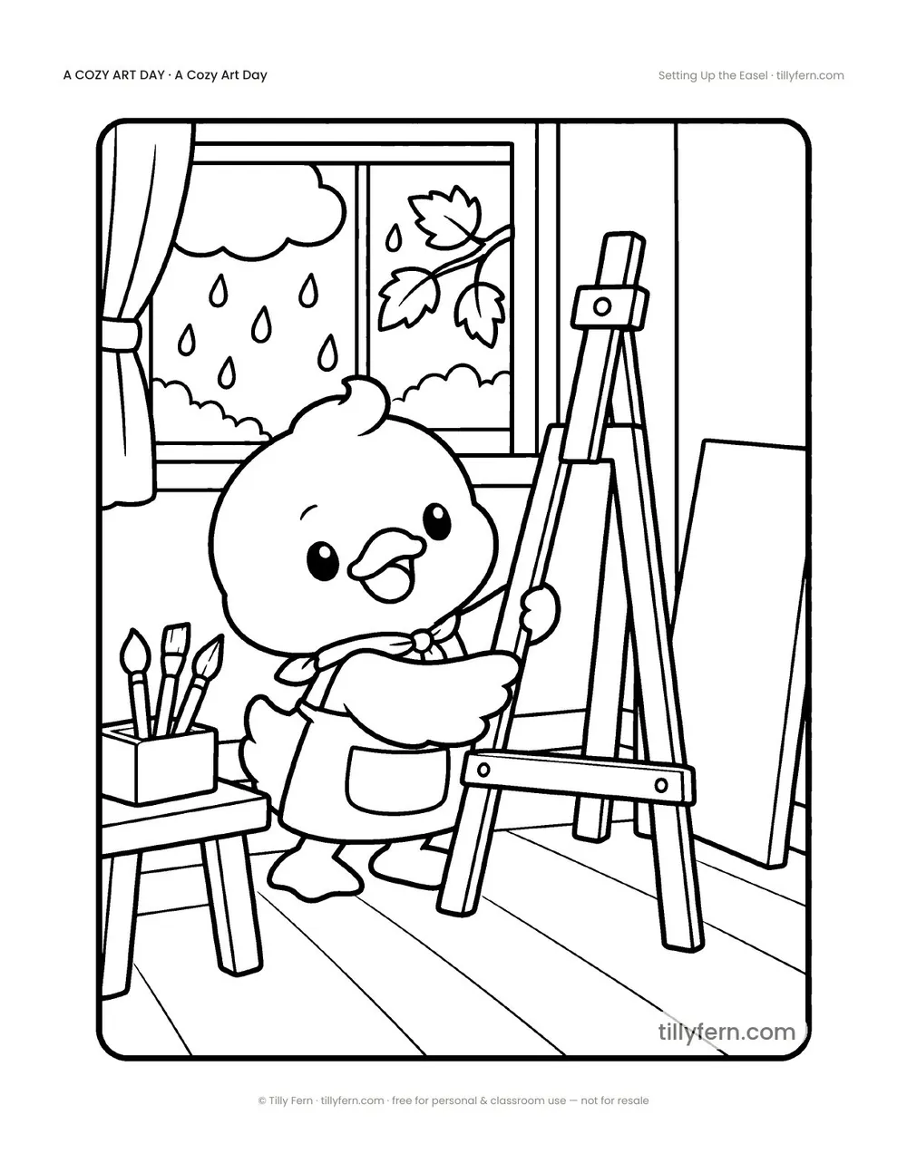 Setting Up the Easel — free rainy day coloring page from A Cozy Art Day
