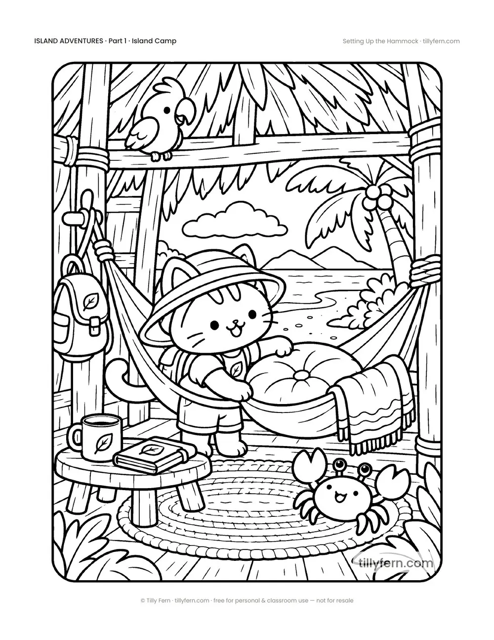 Setting Up the Hammock — free beach and summer coloring page from Island Adventures