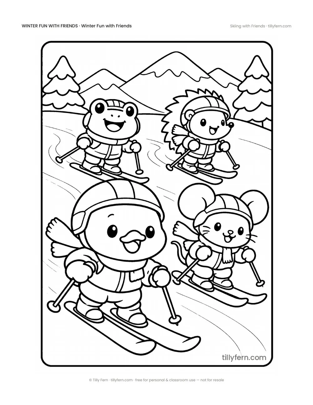 Skiing with Friends — free winter coloring page from Winter Fun with Friends