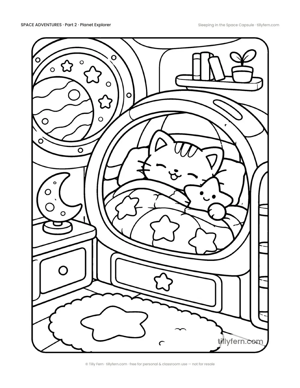 Sleeping in the Space Capsule — free space coloring page from Space Adventures
