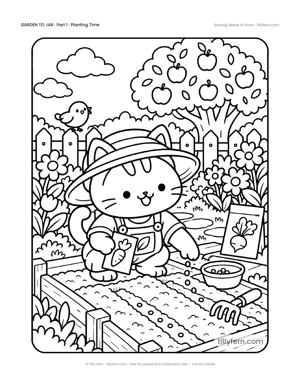 Sowing Seeds in Rows — free garden coloring page from Garden to Jar