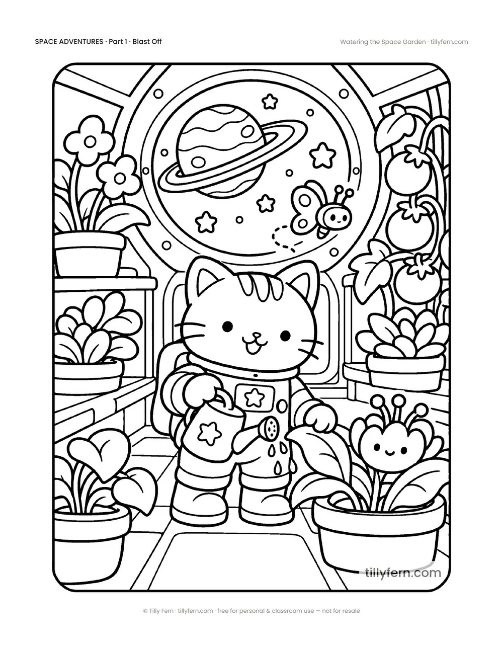 Watering the Space Garden — free space coloring page from Space Adventures