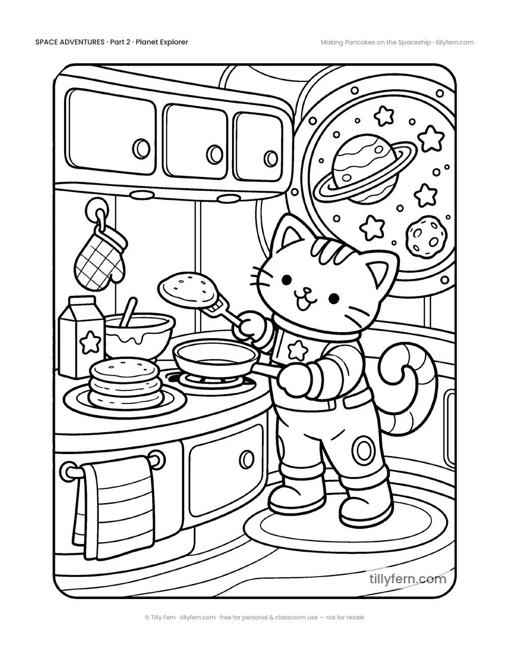 Making Pancakes on the Spaceship — free space coloring page from Space Adventures