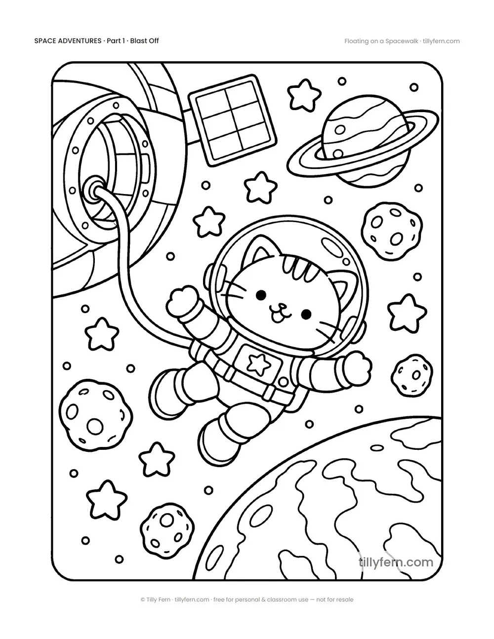 Floating on a Spacewalk — free space coloring page from Space Adventures