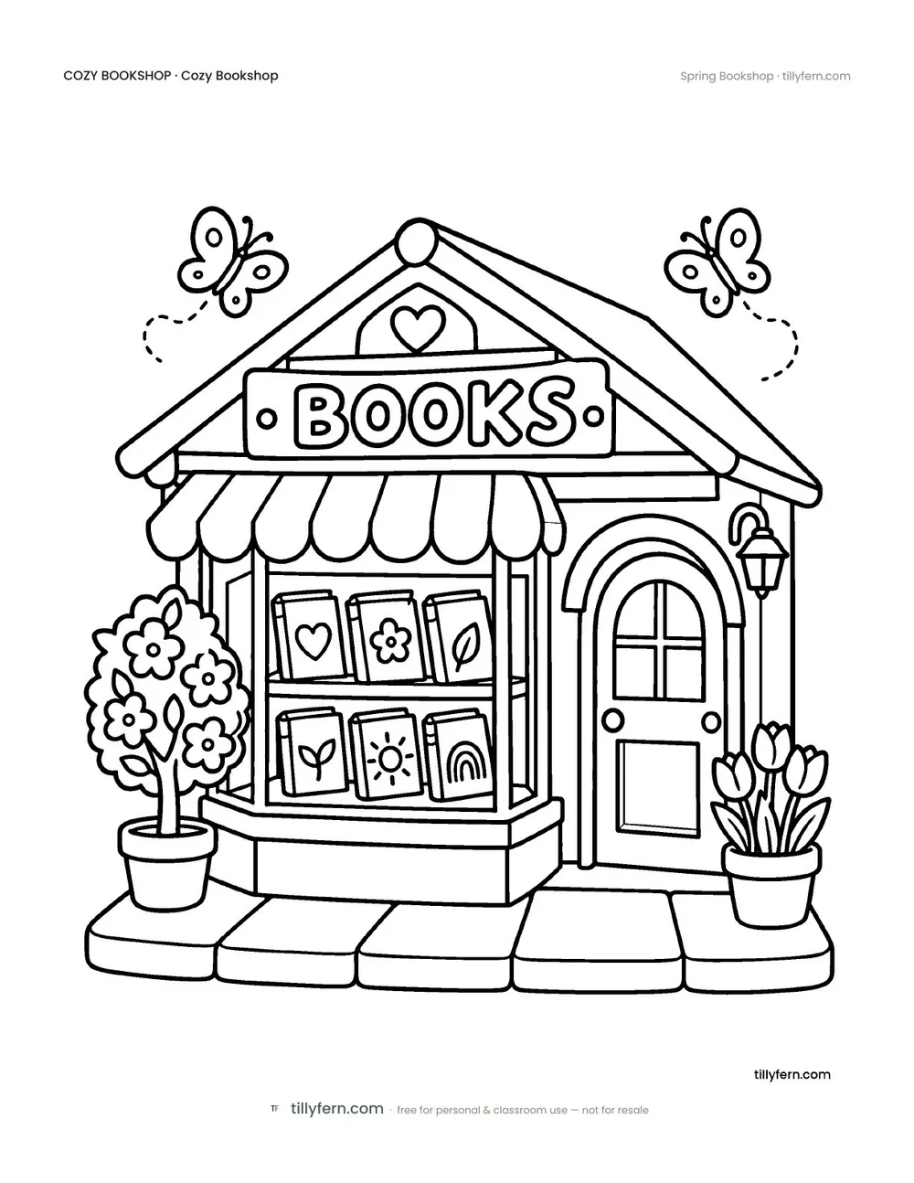 Spring Bookshop — free bookshop coloring page from Cozy Bookshop