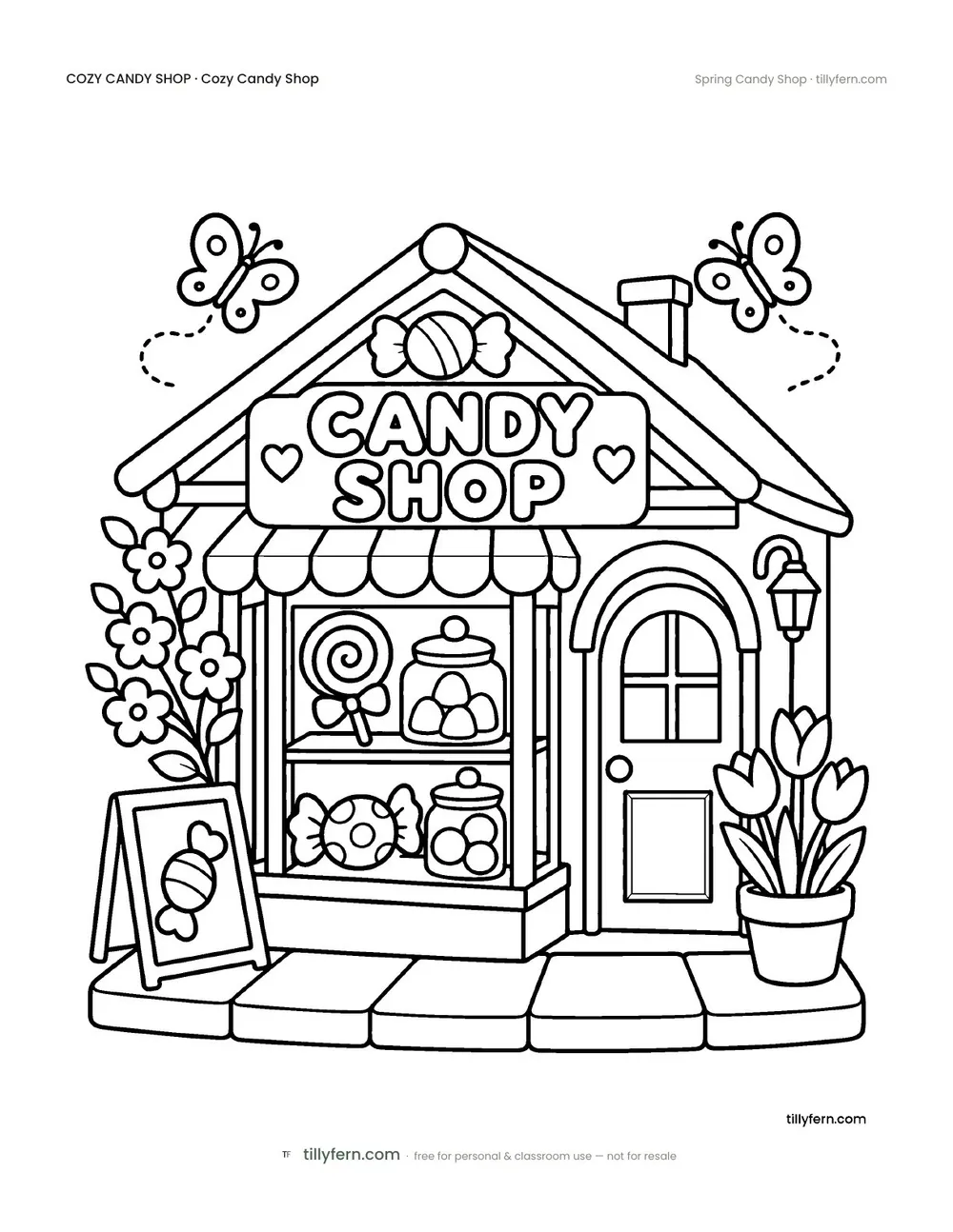 Spring Candy Shop — free candy shop coloring page from Cozy Candy Shop