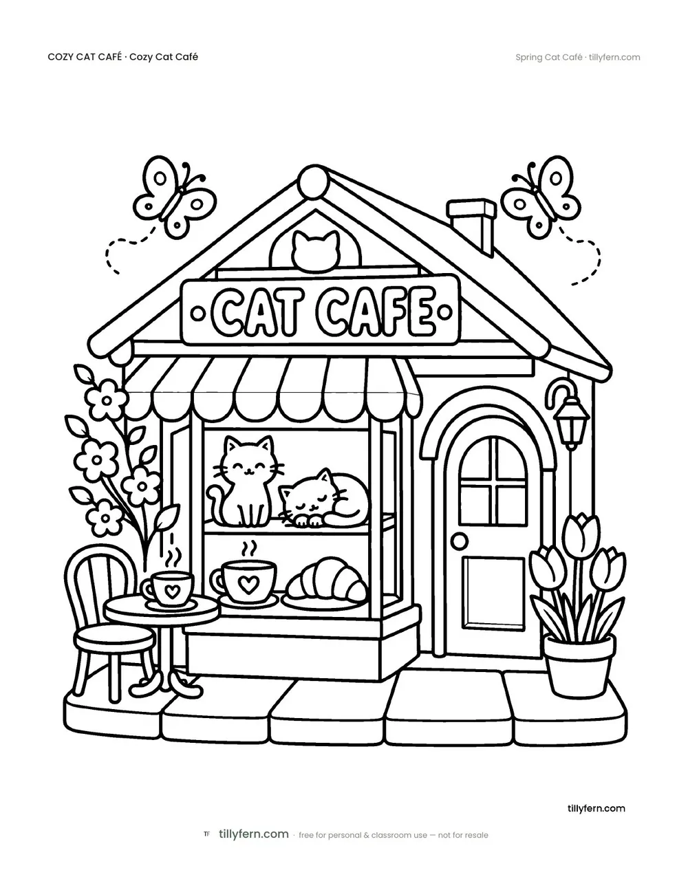Spring Cat Café — free cat café coloring page from Cozy Cat Café