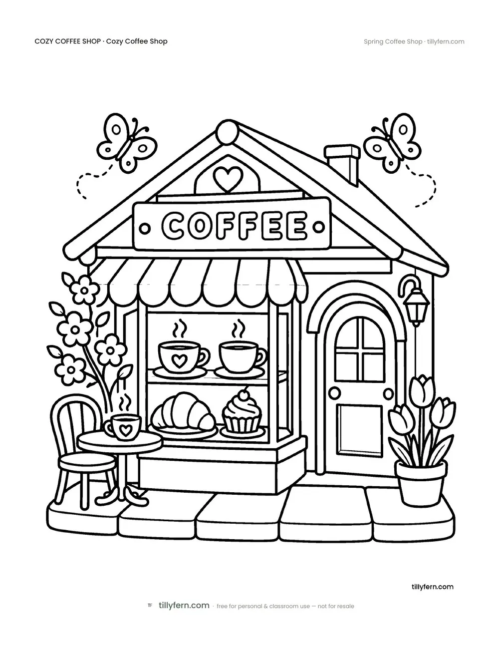 Spring Coffee Shop — free coffee shop coloring page from Cozy Coffee Shop
