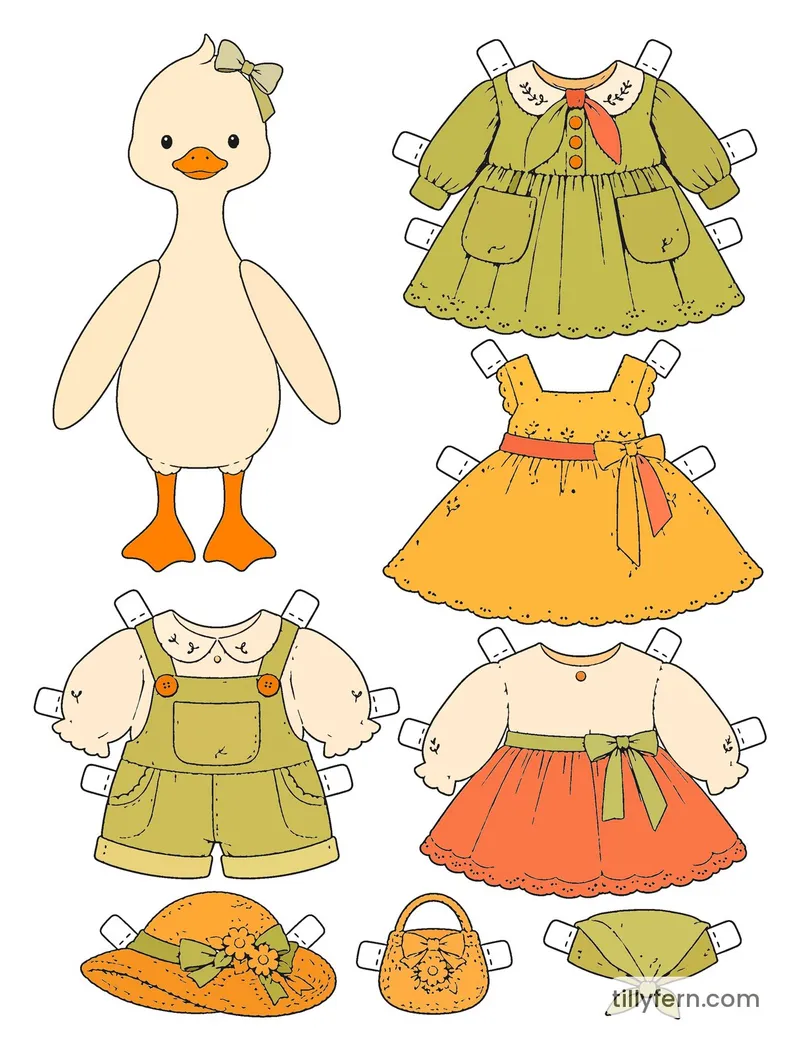 Spring Garden Wardrobe — Duck & Outfits — colored example of the coloring page in bright colors