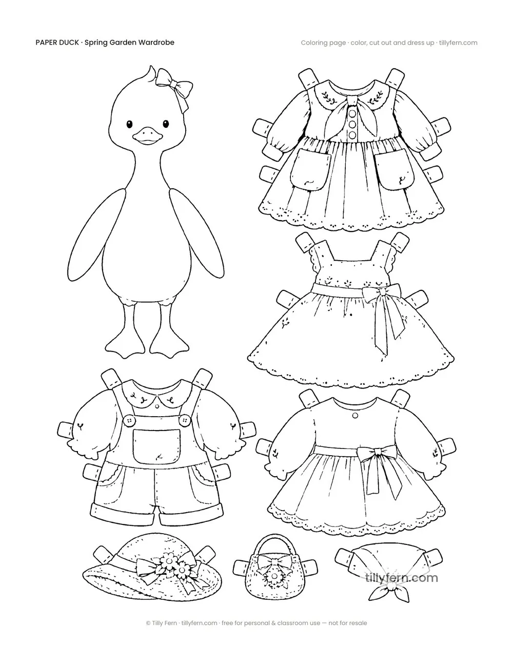 Spring Garden Wardrobe — Duck & Outfits — free printable paper duck coloring page