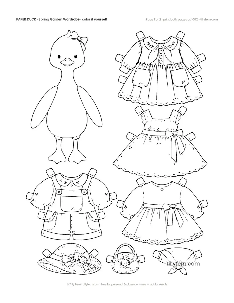 Spring Garden Wardrobe — black and white paper doll and clothes to color in