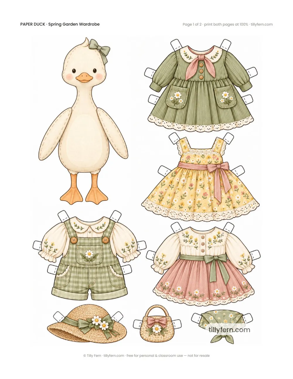 Spring Garden Wardrobe — free printable paper duck paper doll with clothes, page 1 of 2