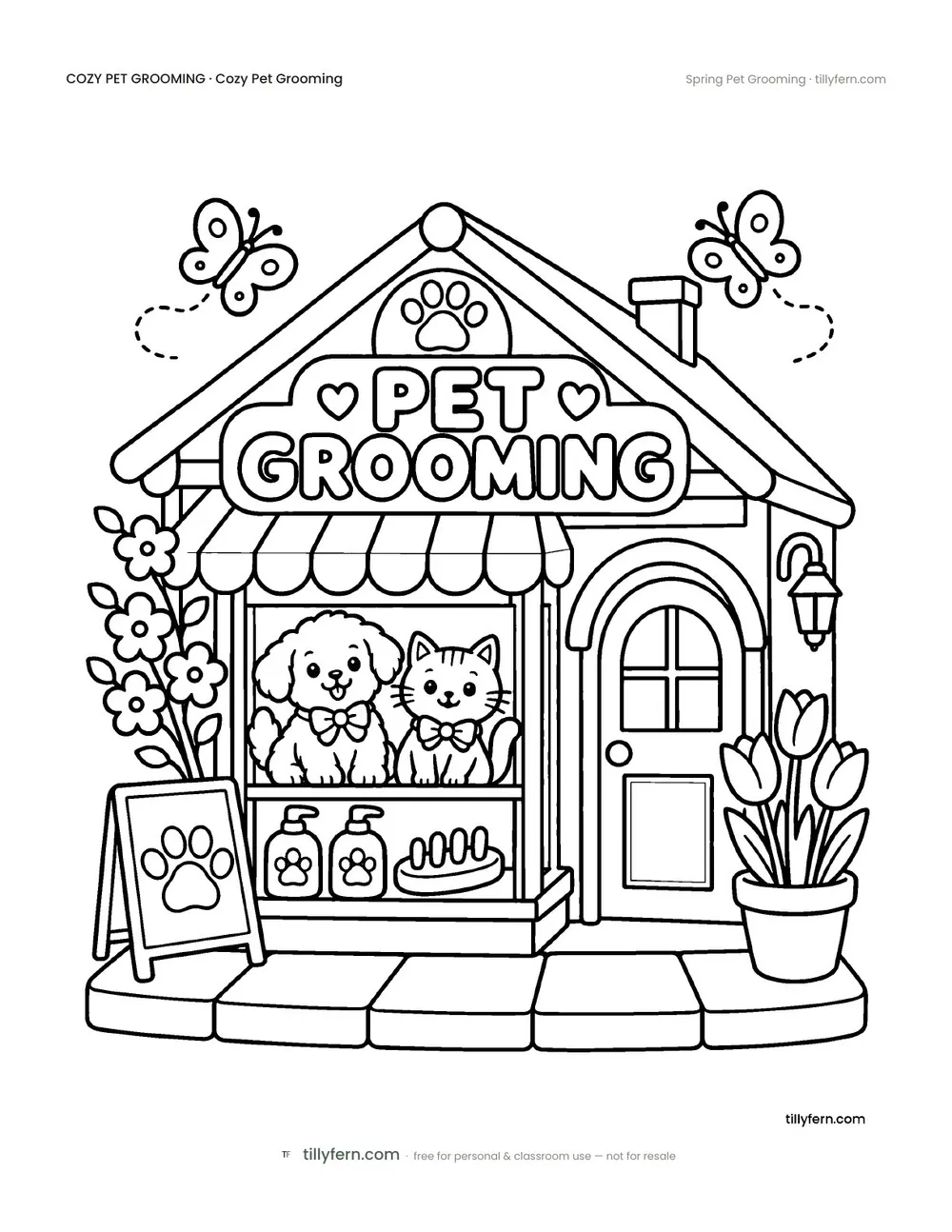 Spring Pet Grooming — free pet grooming coloring page from Cozy Pet Grooming