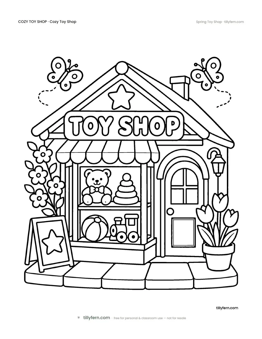 Spring Toy Shop — free toy shop coloring page from Cozy Toy Shop