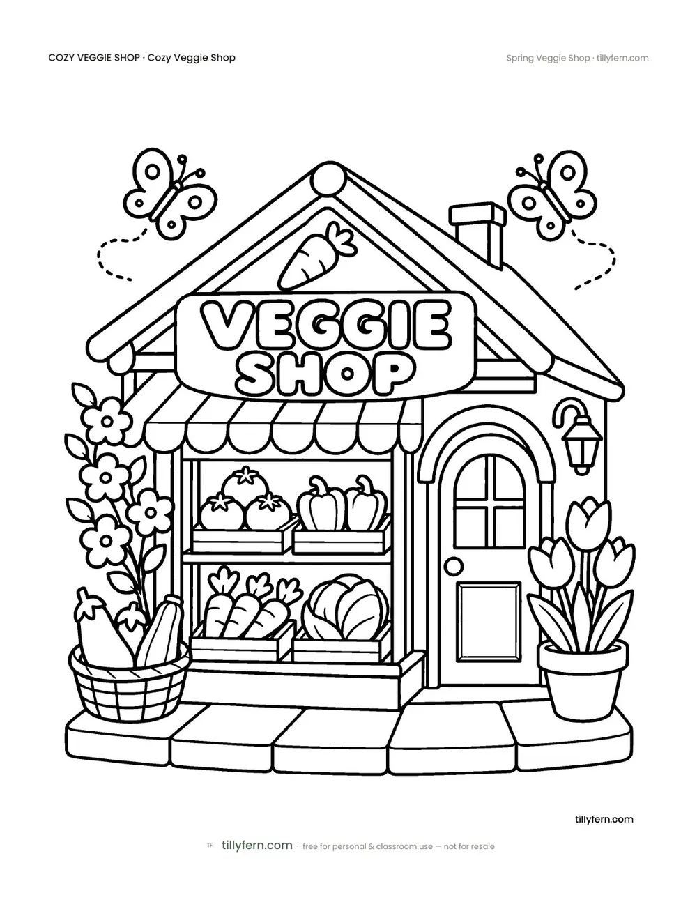 Spring Veggie Shop — free veggie shop coloring page from Cozy Veggie Shop