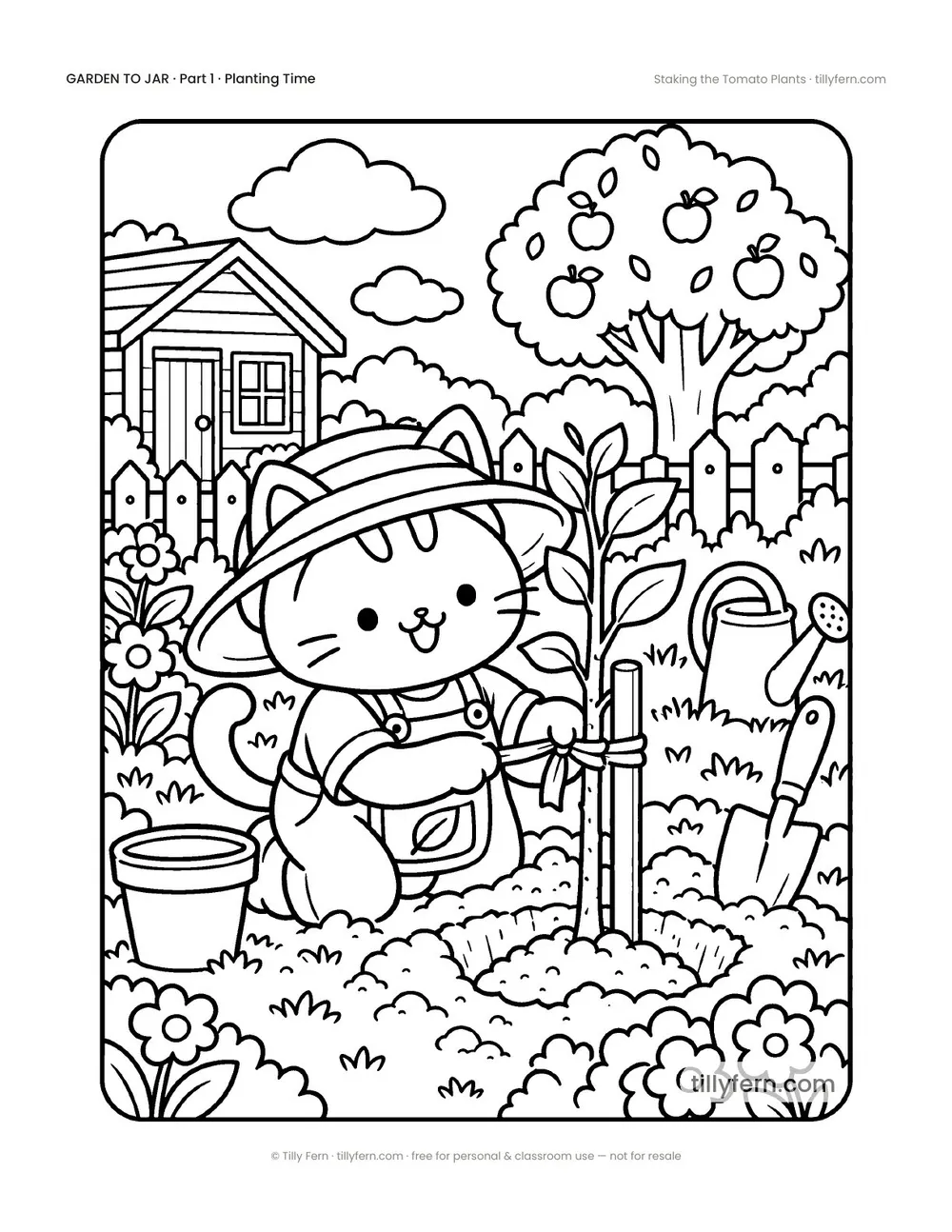 Staking the Tomato Plants — free garden coloring page from Garden to Jar