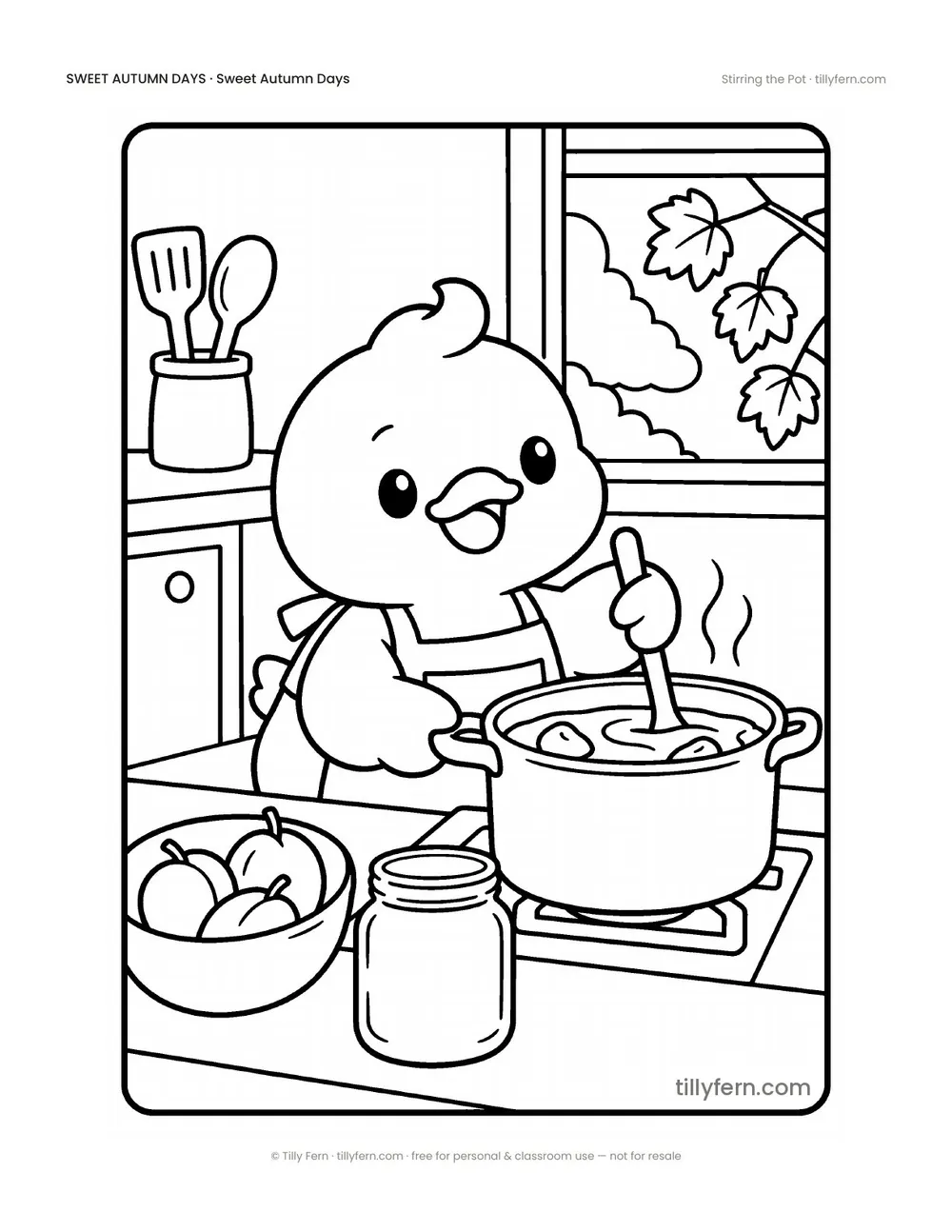Stirring the Pot — free cozy fall coloring page from Sweet Autumn Days