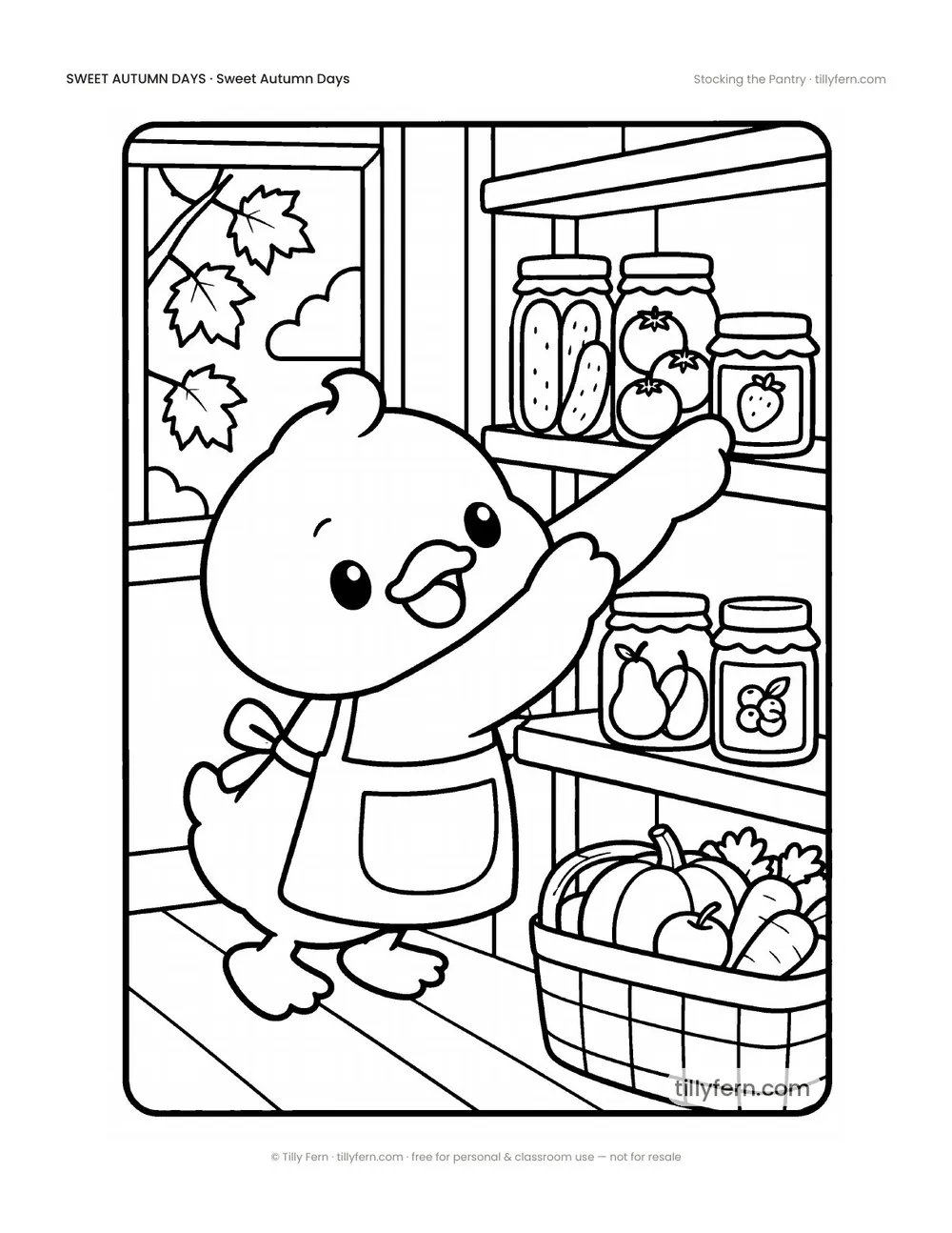 Stocking the Pantry — free cozy fall coloring page from Sweet Autumn Days