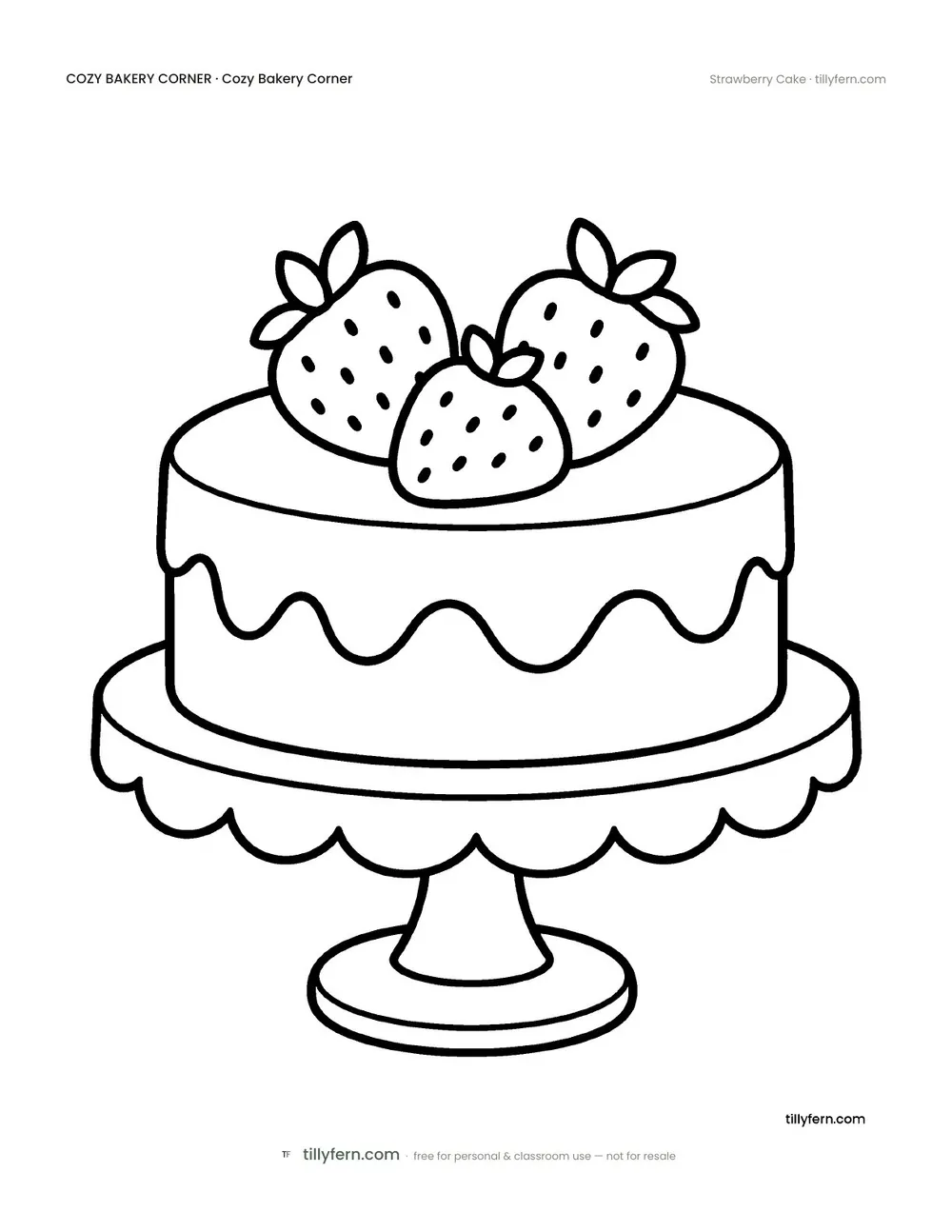 Strawberry Cake — free bakery corner coloring page from Cozy Bakery Corner