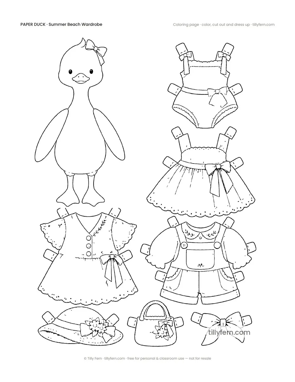 Summer Beach Wardrobe — Duck & Outfits — free printable paper duck coloring page