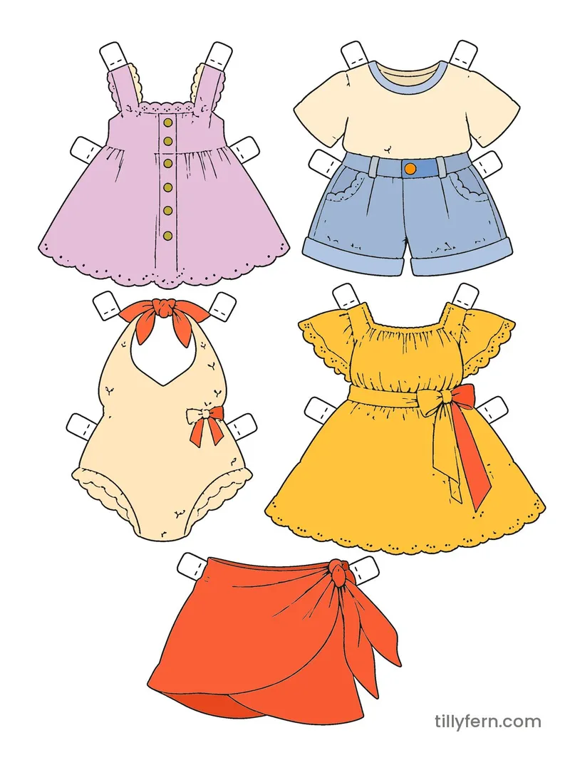 Summer Beach Wardrobe — More Outfits — colored example of the coloring page in bright colors