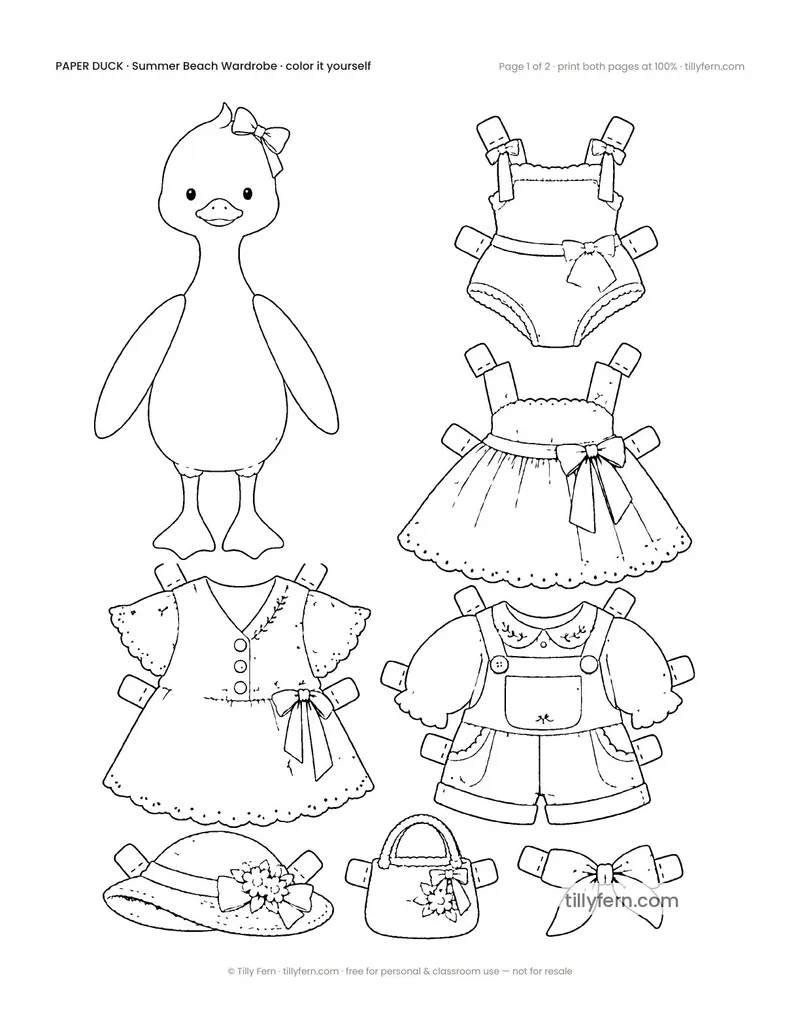 Summer Beach Wardrobe — black and white paper doll and clothes to color in
