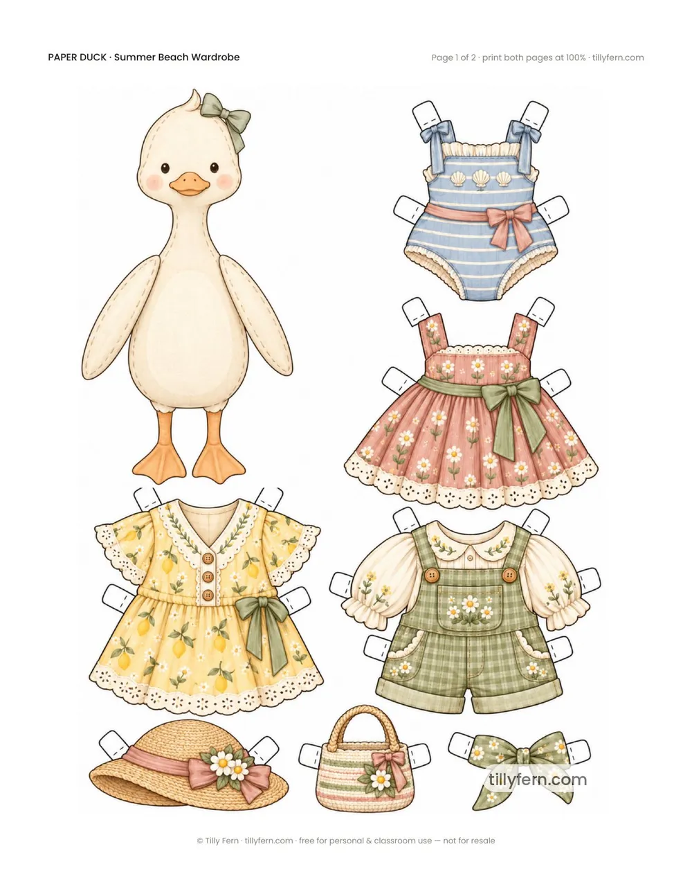 Summer Beach Wardrobe — free printable paper duck paper doll with clothes, page 1 of 2