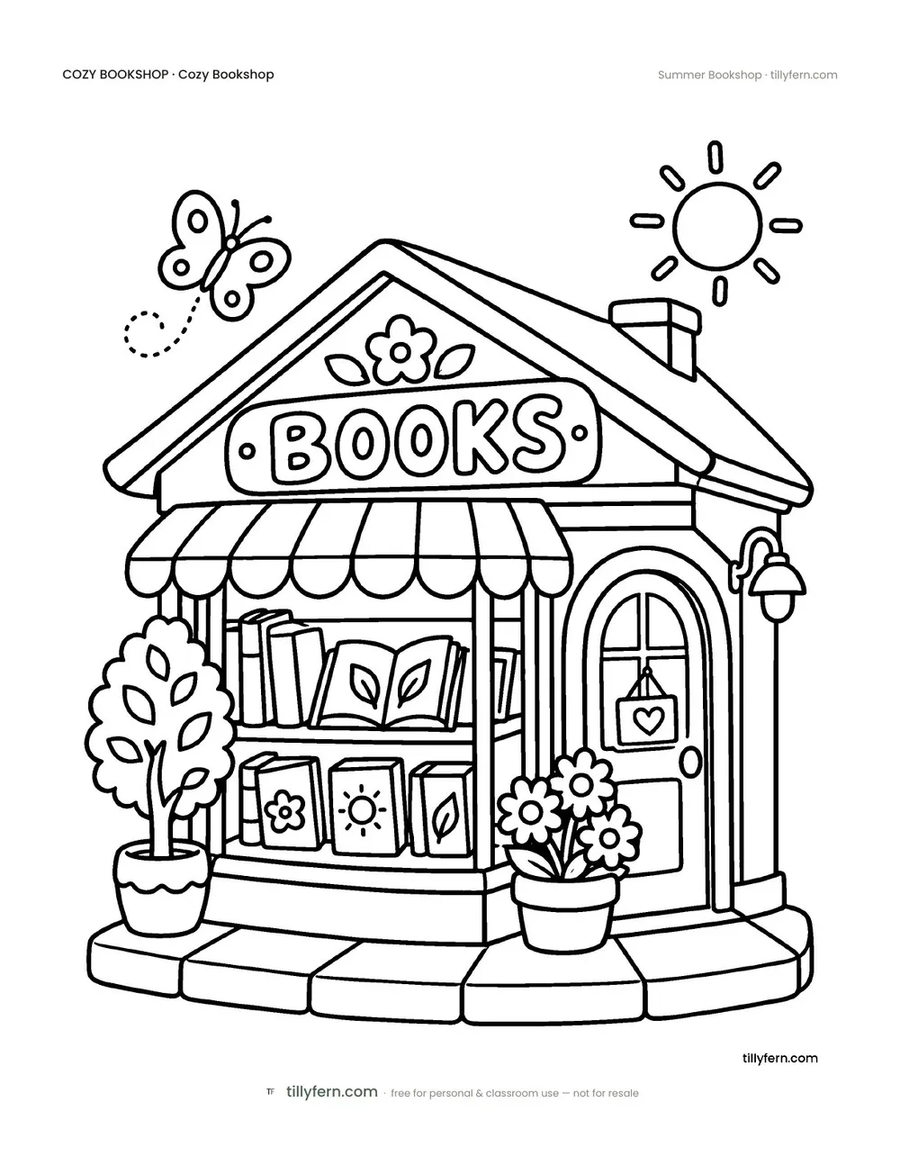 Summer Bookshop — free bookshop coloring page from Cozy Bookshop