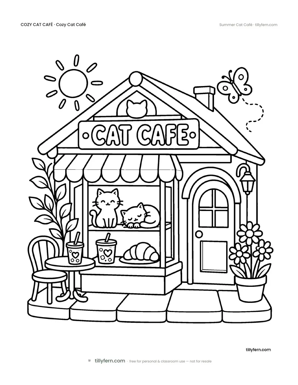 Summer Cat Café — free cat café coloring page from Cozy Cat Café