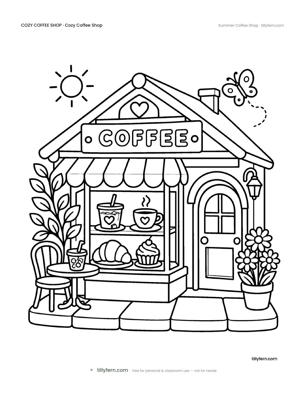 Summer Coffee Shop — free coffee shop coloring page from Cozy Coffee Shop