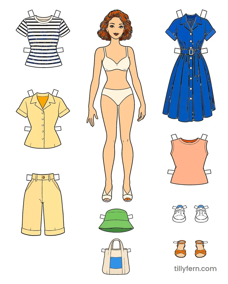 Summer Wardrobe — Doll & Outfits — colored example of the coloring page in bright colors