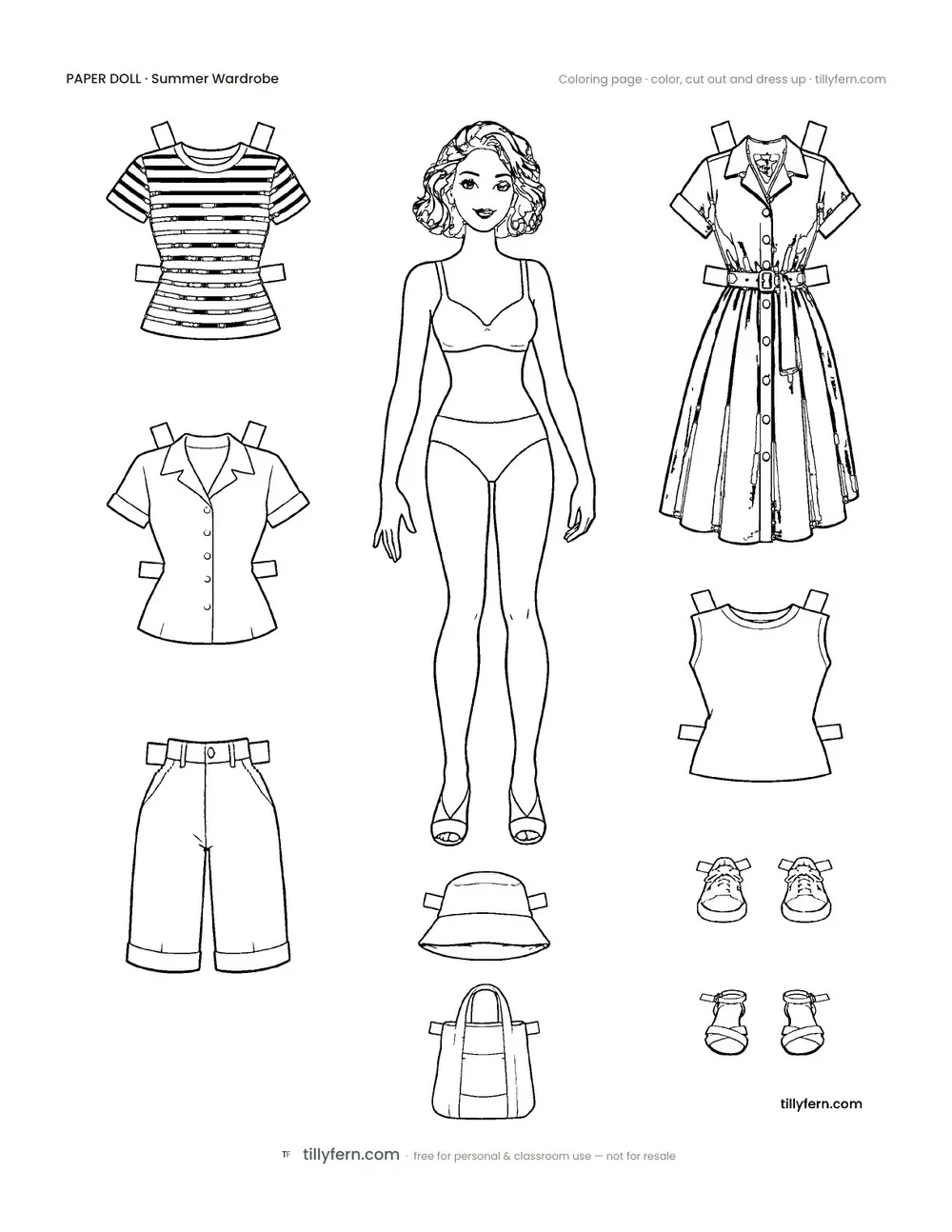 Summer Wardrobe — Doll & Outfits — free printable paper doll coloring page