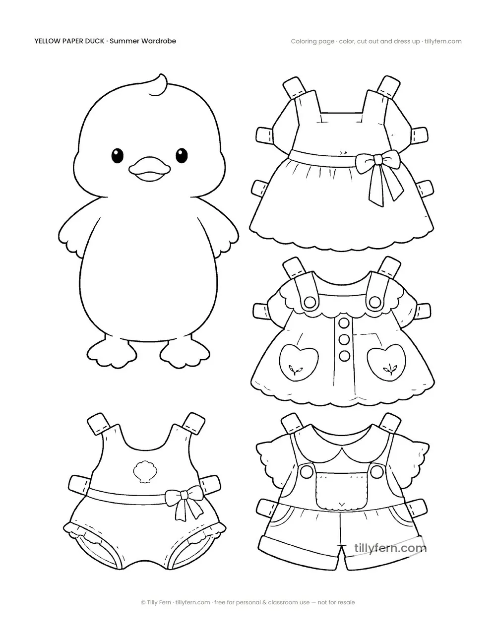 Summer Wardrobe — Duck & Outfits — free printable yellow paper duck coloring page