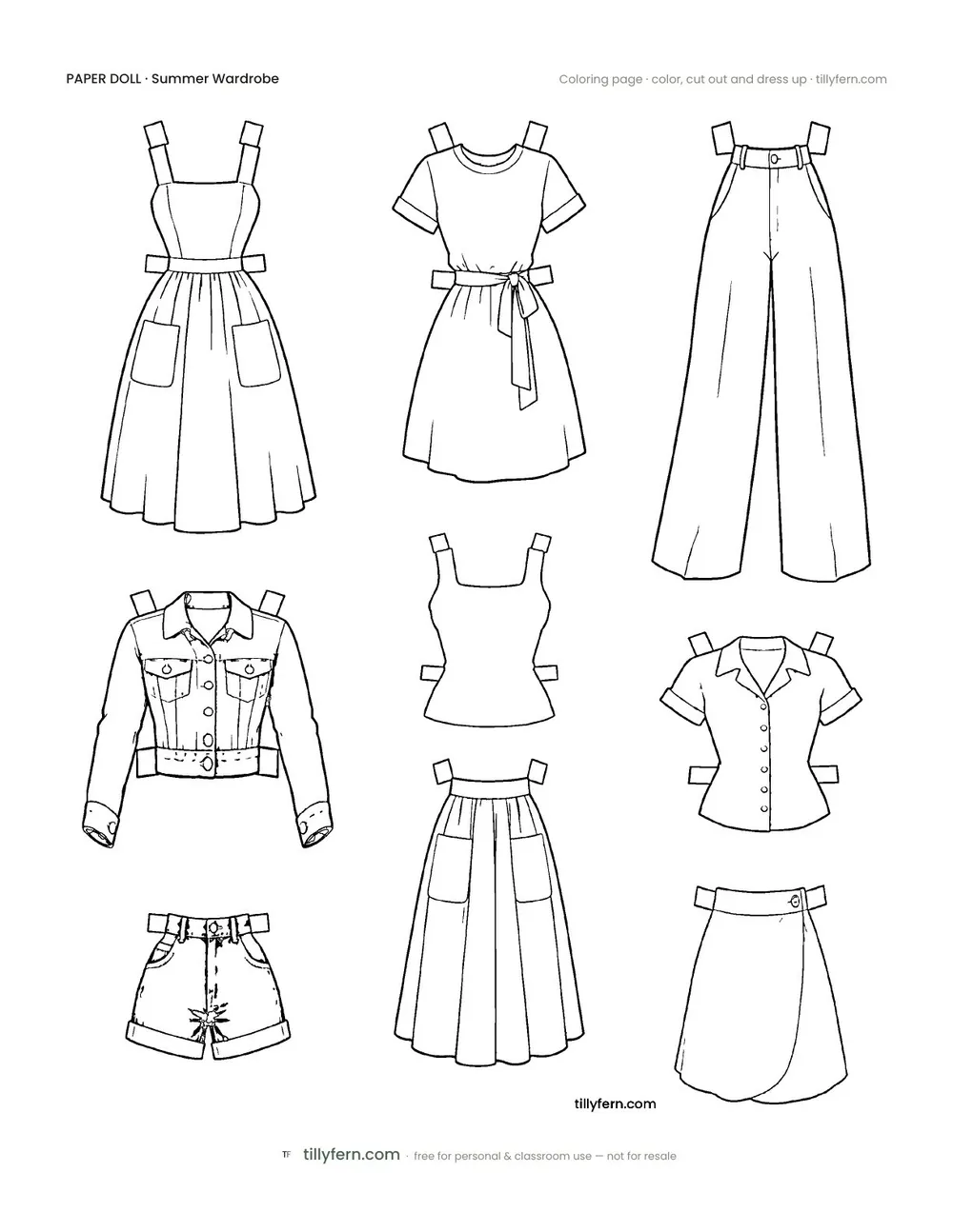 Summer Wardrobe — More Outfits — free printable paper doll coloring page