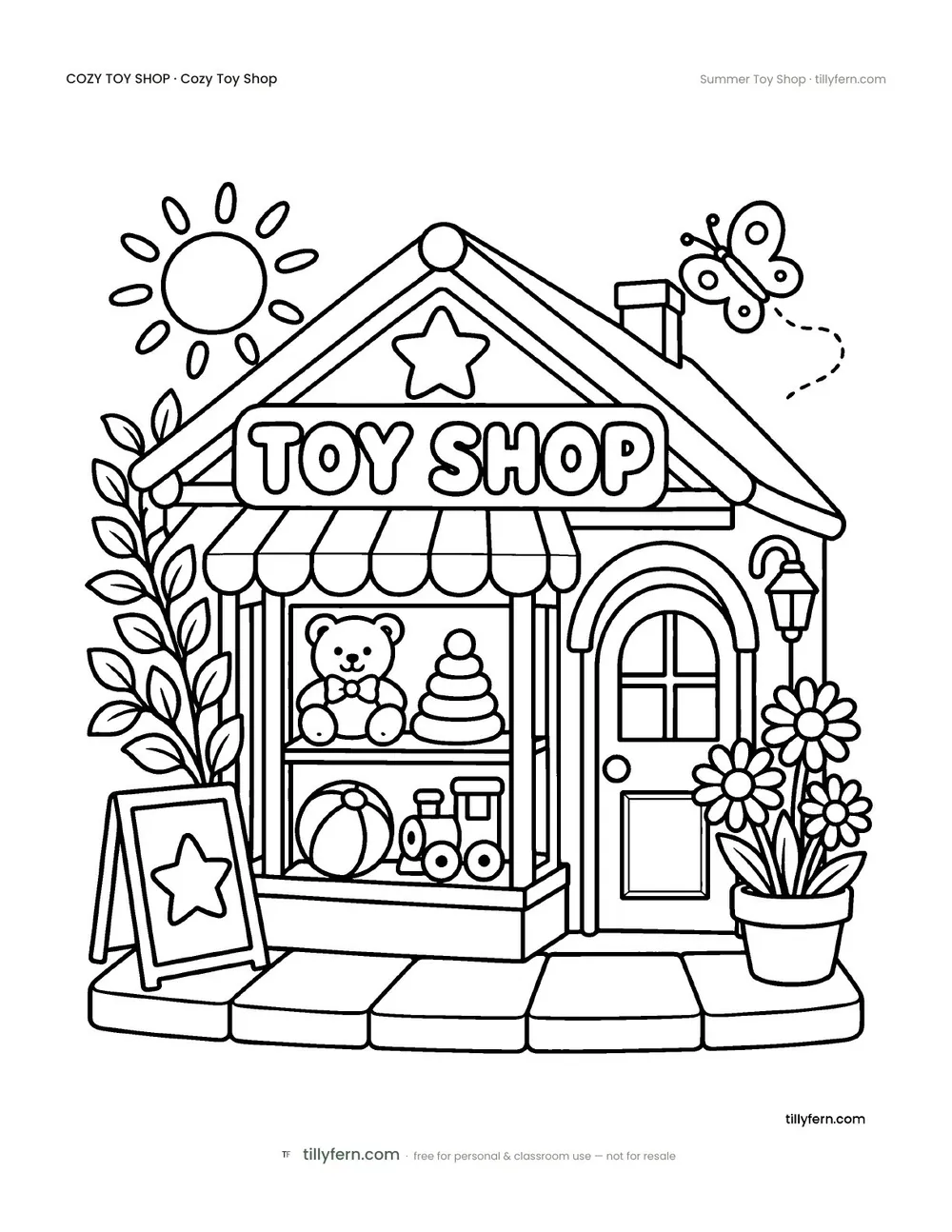 Summer Toy Shop — free toy shop coloring page from Cozy Toy Shop