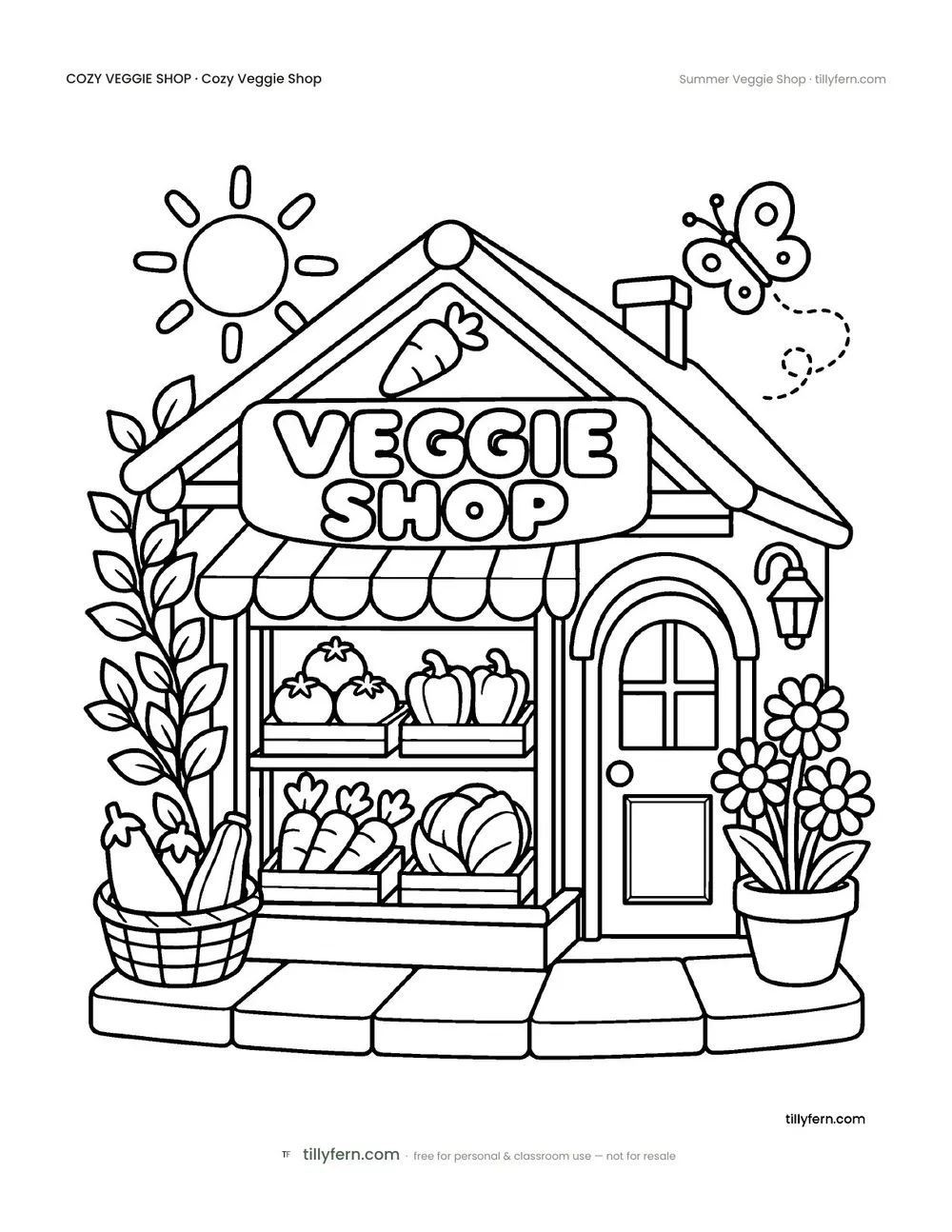 Summer Veggie Shop — free veggie shop coloring page from Cozy Veggie Shop