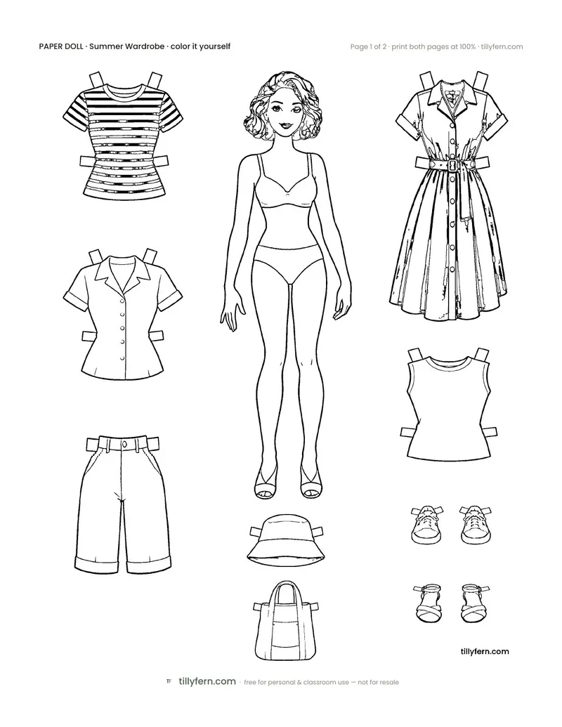 Summer Wardrobe — black and white paper doll and clothes to color in