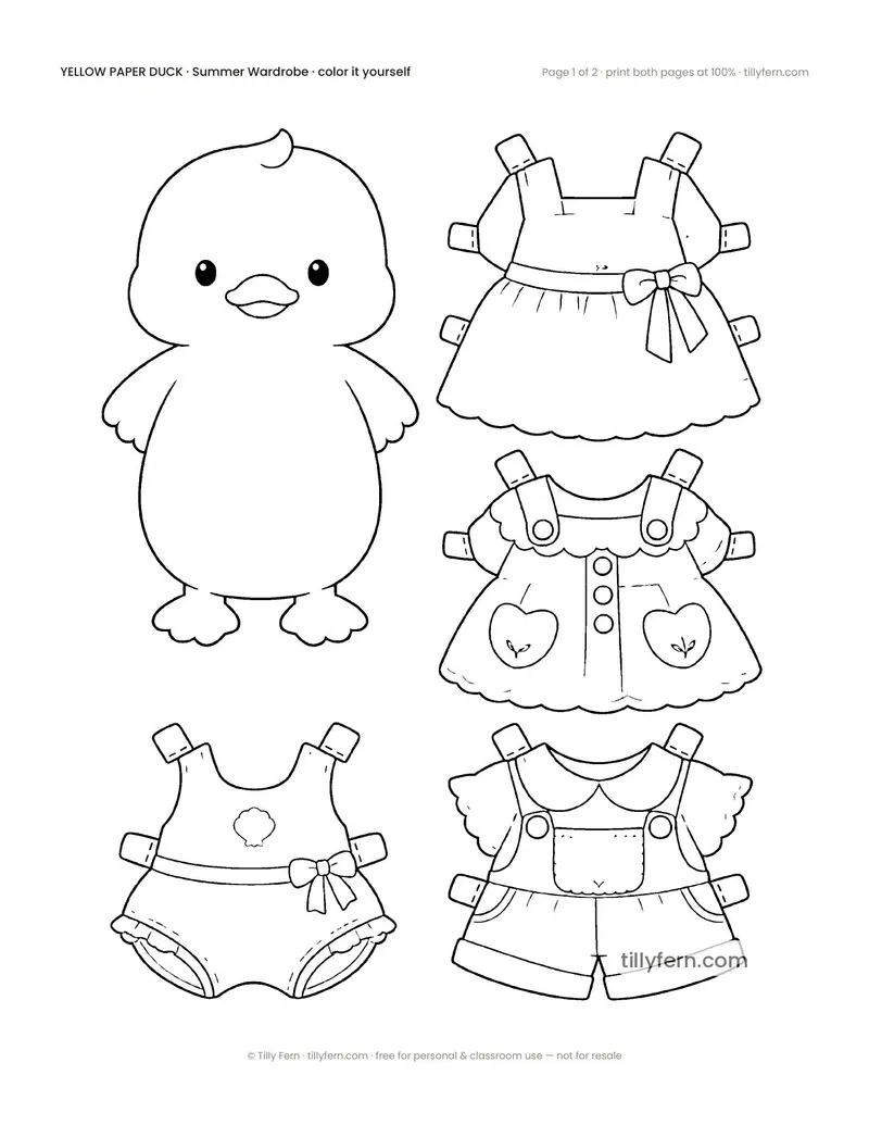 Summer Wardrobe — black and white paper doll and clothes to color in