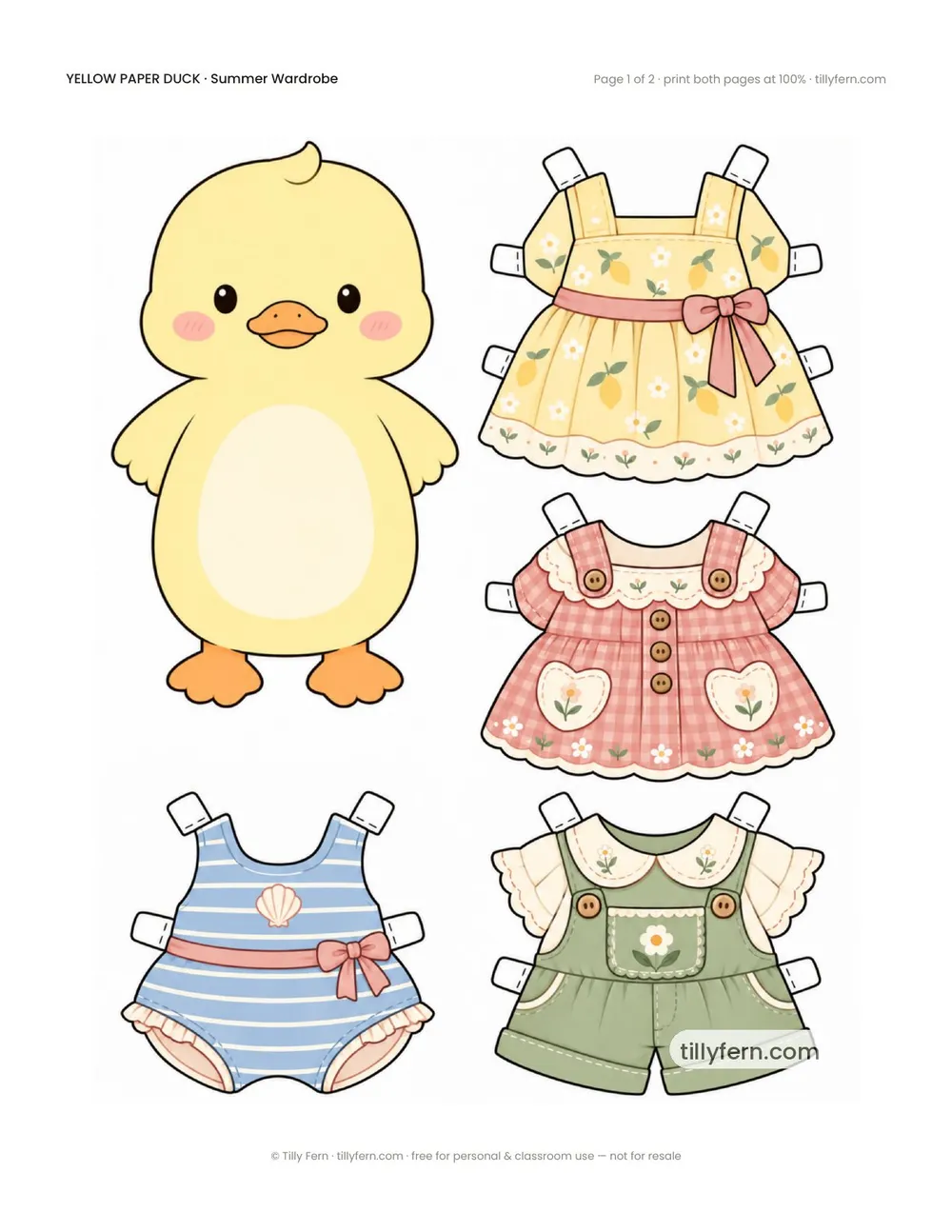 Summer Wardrobe — free printable yellow paper duck paper doll with clothes, page 1 of 2